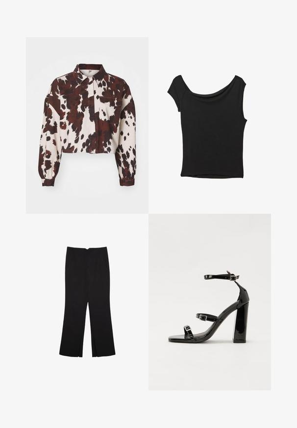 Korte shirt in crème met gedurfde bruine en zwarte abstracte vlekken. Voorzien van een kraag en een enkele borstzak. Structuurstof.; Zwart korte mouwen top gemaakt van een gladde stof; met een gedrapeerde halslijn en een asymmetrische zoom, met een getailleerd lijfje.; Zwarte broek met een rechte pasvorm, voorzien van zijzakken en plooien aan de onderzijde. Gemaakt van zachte, gladde stof. Geschikt voor verschillende gelegenheden.; Zwarte gepatenteerde sandalen met hak en een vierkante neus, enkelbandjes en zilveren gespen. Heeft een stevige blokhak voor stabiliteit.