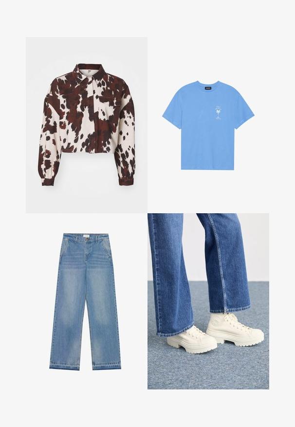 Krém színű, kivágott ing merész barna és fekete absztrakt foltokkal. Galléros nyakkal és egyetlen mellzsebbel rendelkezik. Texturált anyag.; Világoskék pamut póló, lekerekített nyakkal. Az elülső bal mellrészen egy fehér pálmafát és szöveget ábrázoló grafikával rendelkezik. Rövid ujjak.; Világoskék, magas derekú, bő szabású farmernadrág gombos záródással, elülső zsebekkel, övhurkokkal és finom kopott részletekkel.; Fehér magas szárú sportcipők vastag, bordás talppal és kör alakú logó részlettel, világoskék, bőszárú farmernadrággal viselve.