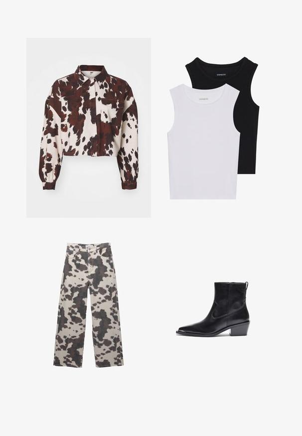 Krém színű, kivágott ing merész barna és fekete absztrakt foltokkal. Galléros nyakkal és egyetlen mellzsebbel rendelkezik. Texturált anyag.; Két ujjatlan felső fekete és fehér színben, bordás pamutból készült, kerek nyakkivágással és testhez simuló fazonnal. Mindkettőn látható címke.; Bézs színű, széles szabású farmernadrág barna tehénmintával. Gombos záródással és öt zsebes kialakítással rendelkezik. Denim szövetből készült.; Fekete bőr bokacsizma, hegyes orral és alacsony blokksarokkal. Oldalsó cipzárral és minimális varrási részletekkel rendelkezik a letisztult dizájn érdekében.