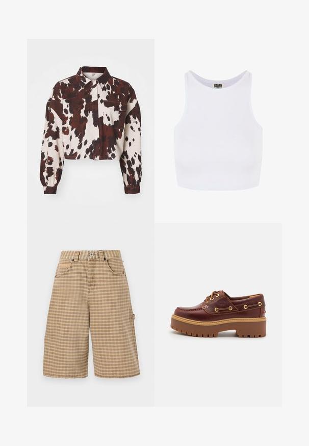 Krčen srajca v kremni barvi z drzno rjavimi in črnimi abstraktnimi madeži. Ima ovratnik in en žep na prsih. Teksturirana tkanina.; Bela rebrasta kratka majica s širokimi naramnicami in okroglim izrezom. Ima mehak občutek in minimalističen dizajn brez vzorcev.; BDG Urban Outfitters CHECK NICOLA JORT - Kratke hlače - beige; Rjavi usnjeni čolnar s debelim rjavim gumijastim podplatom, zlatimi luknjicami in kontrastnim šivom. Ima logotip na strani.