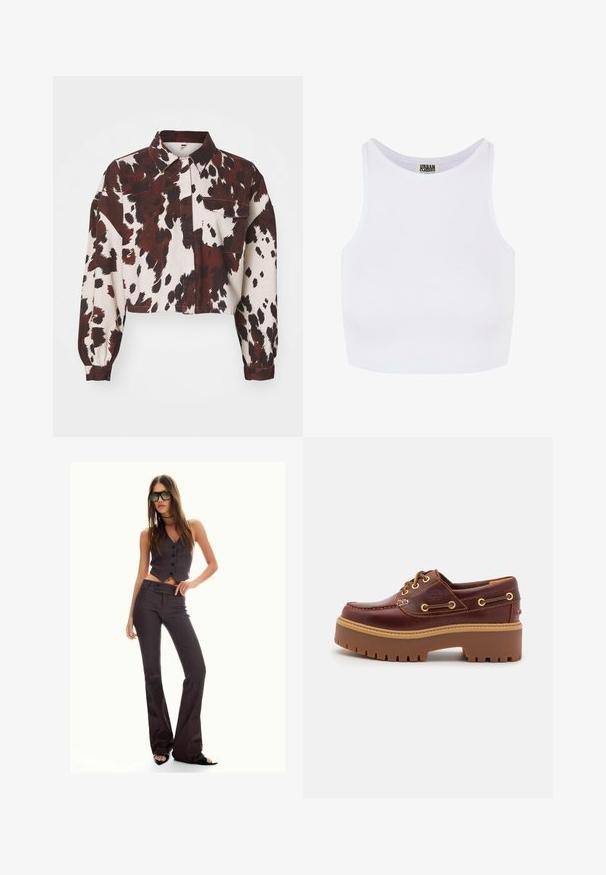 Krém színű, kivágott ing merész barna és fekete absztrakt foltokkal. Galléros nyakkal és egyetlen mellzsebbel rendelkezik. Texturált anyag.; Fehér bordázott cropped tank top széles vállpántokkal és kerek nyakkivágással. Puha tapintású és minimál dizájnnal rendelkezik, minták nélkül.; Barna csíkos, cropped mellény és flared nadrág, gombokkal és texturált anyagból. Fekete nyitott orrú cipők és oversize napszemüveg.; Barna bőr csónakcipő masszív barna gumitalppal, arany fűzőlyukakkal és kontrasztos varrással. Az oldalán logó található.