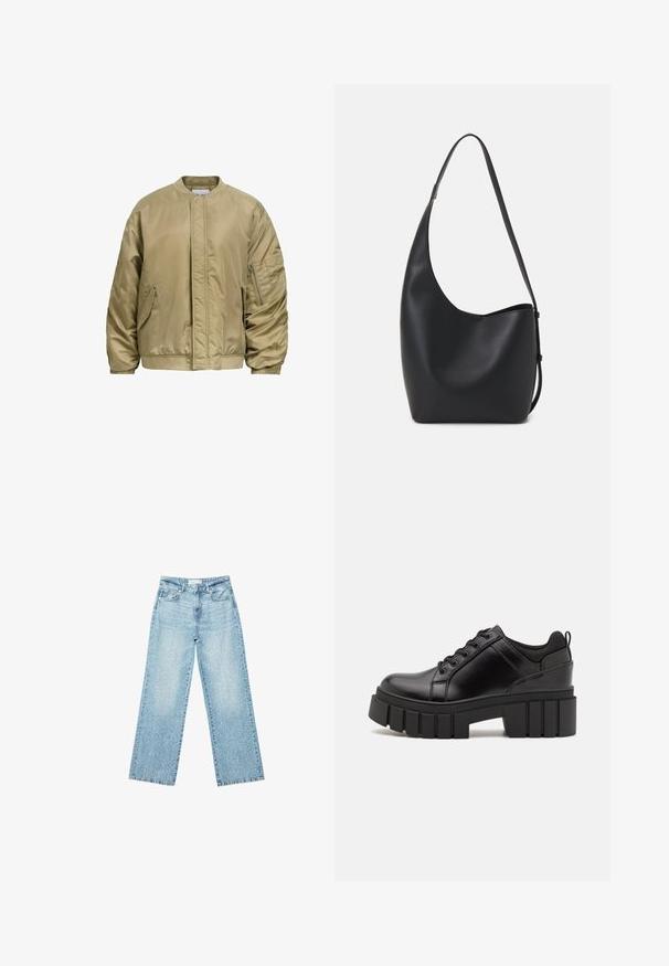 Bombarder jakna u maslinasto zelenoj boji, izrađena od sjajnog najlona. Ima džep sa patentnim zatvaračem na lijevom rukavu i bočne džepove, te rebrasti kraj.; Crna majica kratkih rukava od pamuka. Ima okrugli izrez i labav kroj s glatkom, jednoličnom teksturom. Nema vidljivih uzoraka ili akcenta.; Svijetloplave široke traperice s visokim strukom, s izbljeđenim pranjem i malim, raštrkanim oštećenjima na cijeloj površini.; Crne kožne platforme s debelim blok-peta, okruglim prstima i klasičnim dizajnom vezanja. Imaju gladak tekstur i minimalne detalje.; Crna kožna hobo torba s glatkom teksturom, zakrivljenim oblikom i jednom podesivom trakicom; ima širok otvor na vrhu.