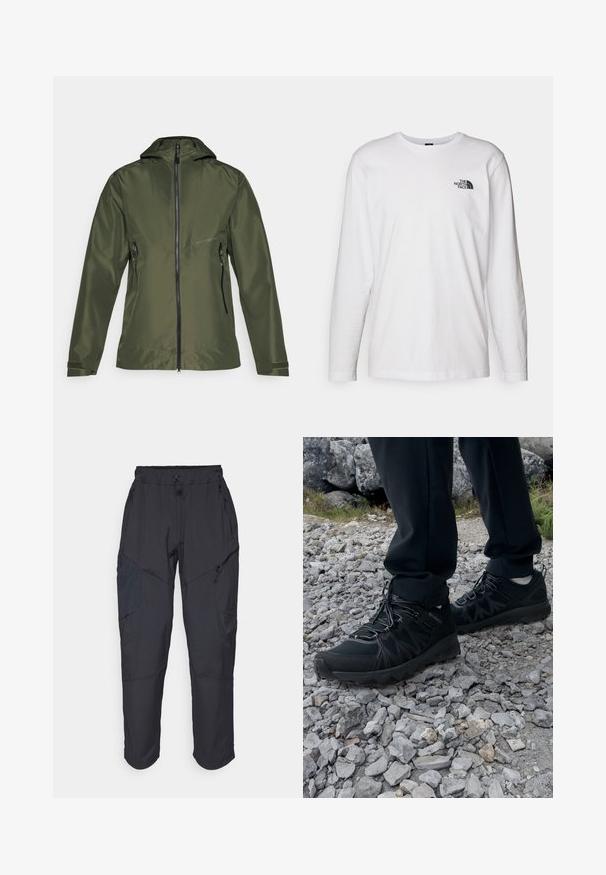 Olivengrønn jakke med glidelås foran og hette, har to sidelommer og justerbare mansjetter. Laget av glatt, lett materiale.; Hvit langermet T-skjorte laget av bomull med rund hals. Har en liten svart logo på brystet. Glatt tekstur, vanlig passform.; Sorte cargo bukser laget av et lett, vannavvisende materiale; har elastisk midje, flere glidelåslommer og smale ben.; Sorte utendørssko i svart med mesh og syntetisk materiale, med en teksturert overdel, sikret snøresystem og en robust såle, på steinete terreng.