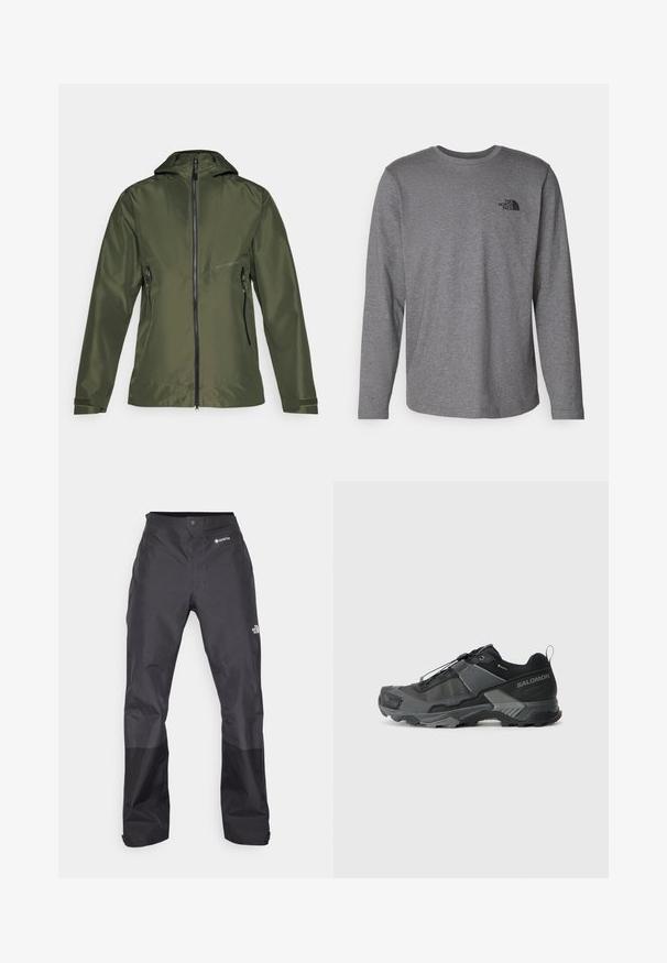 Olivgrön jacka med dragkedja fram och huva, med två sidfickor och justerbara ärmslut. Tillverkad av ett slätt, lätt material.; The North Face M L/S SIMPLE DOME TEE - Långärmad tröja - medium grey heather; Svarta vattentäta byxor med en slät yta, med en GORE-TEX-logotyp på framsidan och förstärkta nedre ben för ökad hållbarhet.; Svart trailrunning sko med ett hållbart mesh-övre, förstärkt tåhuvud, strukturerad gummisula och elastiskt snörsystem för en säker passform.