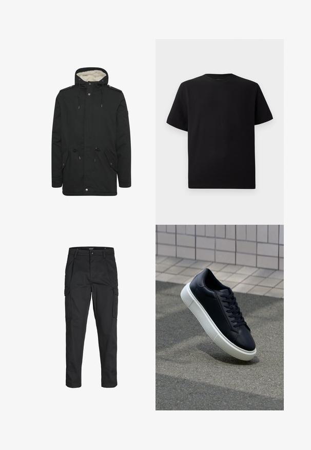 Black parka jacket featuring a plush interior lining, adjustable drawstring hood, two front pockets, and snap button closure.; Black short-sleeve T-shirt made of textured fabric, featuring a round neckline and a relaxed fit. Simple, no patterns or accents.; Black cargo pants made of sturdy fabric, featuring multiple pockets, a button closure, and a slim fit design with tapered legs.; Black leather sneaker with rounded toe and white rubber sole. Features flat laces and minimal stitching on the upper. Textured sole for grip.