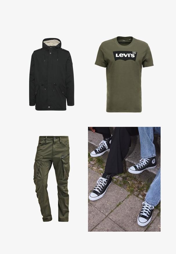 Parka nera con foderatura interna soffice, cappuccio regolabile con coulisse, due tasche frontali e chiusura a bottoni a pressione.; T-shirt di cotone verde oliva con un grande logo nero di Levi's sul davanti. Collo girocollo classico e maniche corte, consistenza liscia.; Pantaloni cargo verde oliva realizzati in cotone robusto. Presentano numerose tasche, una tasca laterale con zip e gambe affusolate con una finitura leggermente strutturata.; Sneakers alti neri in tela con suole e lacci bianchi, dotati di un logo circolare di lato e abbinati a pantaloni in denim e neri.
