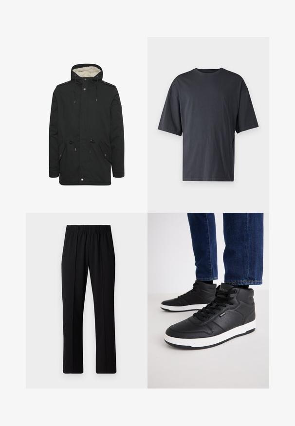 Fekete parka dzseki, puha belső béléssel, állítható húzózsinóros kapucnival, két elülső zsebbel és patentos zárással.; Sötét szürke, rövid ujjú póló, könnyű pamutból készült, laza szabással és klasszikus kerek nyakkivágással, sima textúrájú és minták nélküli.; Fekete, gumíros derekú nadrág egyenes szabással, sima felülettel, látható minták vagy fémrészek nélkül.; Fekete magas szárú tornacipők texturált bőrből, fekete fűzőkkel, fehér gumitalppal és egy kis logóval oldalán.