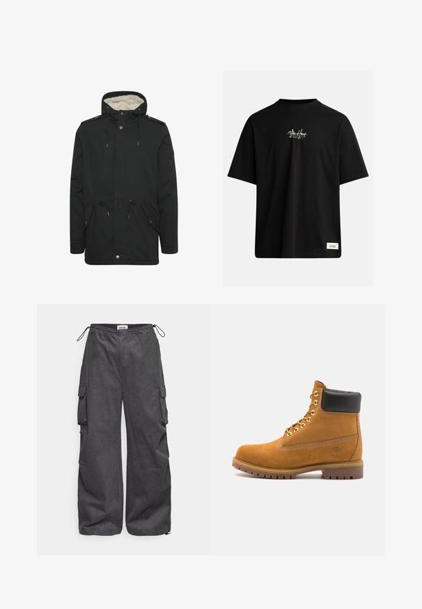 Black parka jacket featuring a plush interior lining, adjustable drawstring hood, two front pockets, and snap button closure.; Black short-sleeve t-shirt made of cotton. Features a small white logo on the chest and a rectangular label on the bottom right.; Gray cargo pants with a textured fabric, elastic waistband, drawstring, and side pocket details. Loose fit with wide legs.; Tan suede ankle boot with black padded collar, gold metal eyelets, white stitching detailing, and rugged rubber sole with pronounced treads.