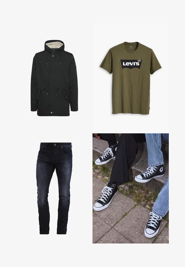 Juodas parka švarkas su privežamu pūkuotu interjero pamušalu, reguliuojamu raišteliu ant gaubto, dviem priekinėmis kišenėmis ir užsegimu su spaudėmis.; Alyvuogių žalios spalvos medvilniniai marškinėliai, ant krūtinės didelis juodas Levi's logotipas pusiau lankiniu kontrastingu raštu. Reguliarios formos.; Tamsiai mėlynos siauros kelnes su nedideliu blukimu ant šlaunų ir kelių, su priekinėmis kišenėmis, diržo kilpos ir sagos uždarymu.; Juoda aukšta avalynė iš kanvos su baltais guminiais padais ir raišteliais, su apvaliu logotipu šone, derinama su džinsais ir juodomis kelnėmis.