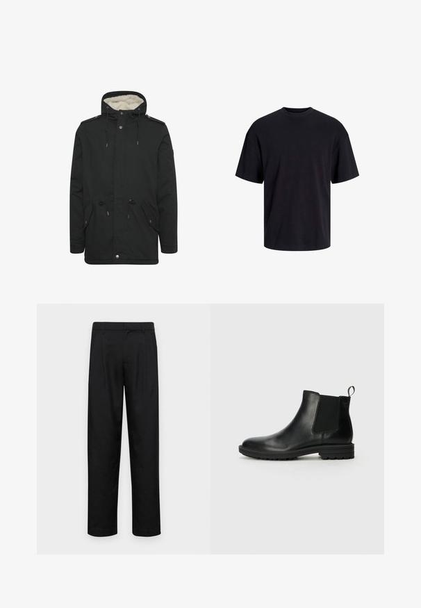 Crna parkas jakna s plišastom unutarnjom podstavom, podesivim kapuljačom s vezicom, dva prednja džepa i kopčanjem na dugmad.; Crna pamučna majica s okruglim izrezom, kratkim rukavima i opuštenim krojem. Glatka tekstura bez vidljivih uzoraka ili dekoracija.; Crne hlače od glatkog materijala, s dizajnom ravnih nogavica, dva prednja nabora i standardnim pojasom s petljama za remen.; Jack & Jones JFWHOSKINS - Klasične gležnjače - anthracite