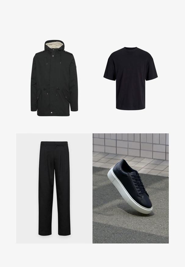 Schwarze Parka-Jacke mit einem flauschigen Innenfutter, verstellbarem Kordelzug an der Kapuze, zwei Fronttaschen und Druckknopfverschluss.; Schwarzes Baumwoll-T-Shirt mit Rundhalsausschnitt, kurzen Ärmeln und lässiger Passform. Glatte Oberflächenstruktur und keine sichtbaren Muster oder Akzente.; Schwarze Hose aus glattem Stoff, mit geradem Bein Design, zwei vorderen Falten und einem Standardbund mit Gürtelschlaufen.; Schwarze Leder-Sneaker mit runder Zehenpartie und weißer Gummisohle. Verfügt über flache Schnürsenkel und minimale Nähte im Obermaterial. Strukturiertes Sohlenprofil für besseren Halt.