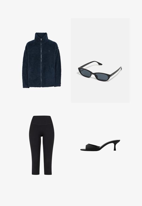 Veste en polaire bleu marine avec col montant, manches longues et fermeture éclair sur toute la longueur; texture douce et logo discret sur la poitrine.; Pull noir à manches longues, à col décalé, au design ajusté et au tissu texturé. Associé à un pantalon teal.; Leggings noires trois quarts en tissu extensible, avec une taille haute et sans motifs ni éléments visibles.; Mules noires à talons avec un large bout ouvert et un dessus incurvé. Fabriqués en tissu texturé, avec un talon mince et une semelle lisse.; Lunettes de soleil noires en forme de chat avec des verres sombres, monture en plastique, branches fines et un branding subtil sur l'intérieur des branches. Fini mat.