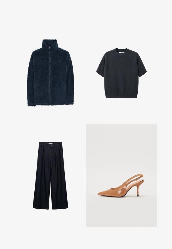 Tummansininen fleece-takki korkealla kauluksella, pitkillä hihoilla ja koko etuviisun vetoketjulla; pehmeä tekstuuri ja hillitty logo rinnassa.; Tummanharmaa lyhythihainen neulepusero, jossa on pyöreä kaula-aukko, löysä istuvuus ja raglan-hihat, valmistettu pehmeästä, teksturoidusta kankaasta.; Tummat farkku leveälahkeiset housut korkealla vyötäröllä, joissa on etunapit, kaksi sivutaskua ja ompeluyksityiskohtia.; Korkokenkä, jossa on terävä kärki ja avonainen kanna, valmistettu sileästä, kiiltävästä ruskeasta materiaalista. Sisältää kaarevan leikkuun muotoilun ja hoikan stilettokannan. Hopeinen solkiyksityiskohta.