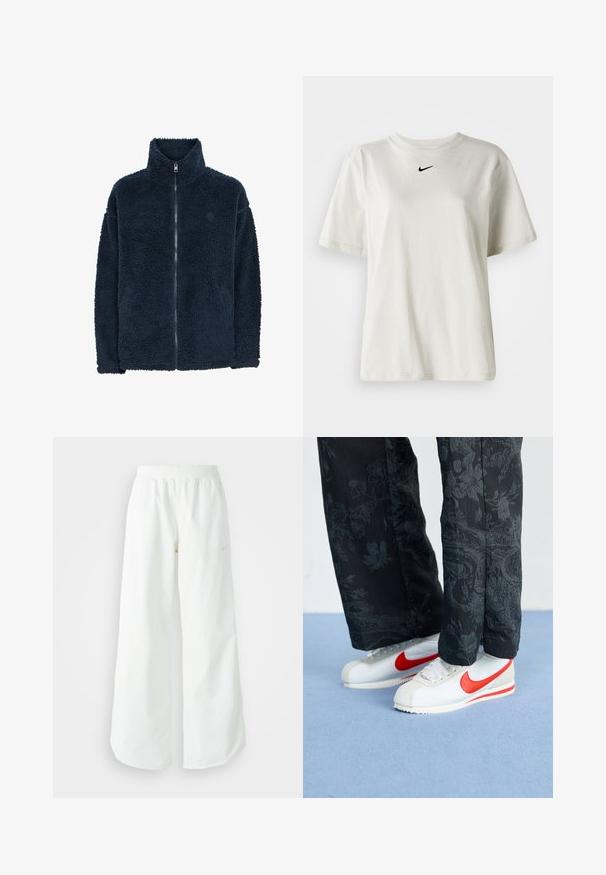 Tamsiai mėlynas flisinis džemperis su aukštu apykakle, ilgomis rankovėmis ir pilnu priekiu užtrauktuku; minkšta tekstūra ir subtilus logotipas ant krūtinės.; Balta medvilnė marškinėliai su apvaliu kaklu ir trumpomis rankovėmis. Priekyje yra mažas juodas Nike logotipas. Paprastas ir nepuošnus dizainas.; Balti sportiniai keliai su platėjančiomis kojomis, su įtemptu juosmeniu ir subtilia logotipo detale. Lygus audinys, laisvas kirpimas ir siaurėjantis apatinis kraštas.; Baltos Nike sneaker'iai su raudonais akcentais, derinami su juodomis kelnių, turinčiomis gėlių raštą. Paviršius lygus, su plokščiu pynimo padu.