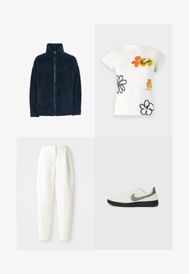 Marinblå fleecejacka med hög krage, långa ärmar och full dragkedja fram; mjukt material och subtil logotyp på bröstet.; Vit t-shirt med kort ärm som har färgglada blommönster i orange, gult och svart. Tillverkad av en mjuk bomullsblandning med v-ringning.; Höga, avsmalnande vita byxor med dolda framknäppningar och sidofickor, uppvisade mot en enfärgad vit bakgrund.; Nike Sportswear FIELD GENERAL - Sneakers - off-white/black