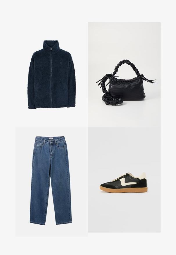 Marineblauwe fleecejas met een hoge kraag, lange mouwen en een volledige rits aan de voorkant; zacht van textuur en subtiel logo op de borst.; Crop top van off-white gebreid materiaal. Lange mouwen met ribbeltextuur en kleine uitsnijdingen rond de halslijn.; Klassieke blauwe denim jeans met een rechte pijp, vijf zakken en een knoopsluiting. Heeft een middelgrote wasbeurt en stevige textuur.; Zwarte suède en leren sneaker met een crèmekleurige zij-swoosh en lichte crèmekleurige hiel. Voorzien van beige veters en een gumrubberen zool.; Zwarte nepleer handtas met een krokodillenstructuur, opgedroogde bovenkant en een gekreukte hengsel. Het lijkt zacht en compact van ontwerp.