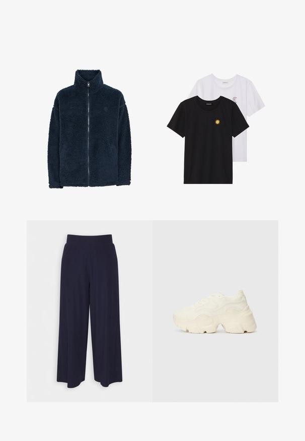 Chaqueta de forro polar azul marino con cuello alto, mangas largas y cierre frontal completo; textura suave y logo sutil en el pecho.; Camisetas en blanco y negro, de cuello redondo y mangas cortas. La camiseta negra presenta un bordado de sol amarillo; la blanca tiene un detalle de luna creciente en púrpura.; Pantalones de pierna ancha en tejido de un oscuro color navy con una textura acanalada. Presenta una cinturilla suave y una silueta fluida, llegando a la altura de las pantorrillas.; Zapatillas blancas gruesas hechas de malla texturizada y materiales sintéticos, con una suela gruesa y detalles de patrones intrincados a lo largo de los lados.