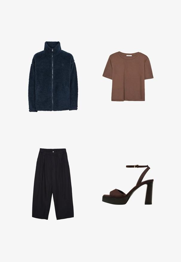 Tamnoplava flis jakna s visokim ovratnikom, dugim rukavima i punim prednjim patentnim zatvaračem; mekan na dodir i suptilni logo na prsima.; Smeđi kratki rukav majica od mekog materijala, s okruglim izrezom i opuštenim krojem. Nema vidljivih uzoraka ili naglasaka.; Crne poliester hlače culotte s elastičnim pojasom, dva prednja nabora i širokim krojem. Nema vidljivih uzoraka ili metalnih detalja.; Smeđe zamšaste sandale s visokim potpeticama, otvorenim prstima, podesivom trakicom oko gležnja i prugastom platformom.