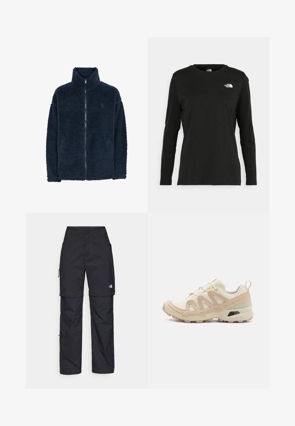 Marineblauwe fleecejas met een hoge kraag, lange mouwen en een volledige rits aan de voorkant; zacht van textuur en subtiel logo op de borst.; Zwart langsluiting T-shirt van katoen met een ronde hals. Heeft een klein wit logo op de linkerkant van de borst. Eenvoudig ontwerp en pasvorm.; Zwarte nylon cargo broek met afneembare pijpen, verstelbare manchetten, meerdere zakken en een logo op het rechterbeen. Gladde, lichte textuur.; Beige en crème sportschoen met een textuur-mesh bovenwerk, ondersteunende overlays en een rubberen zool met een profielpatroon voor grip.