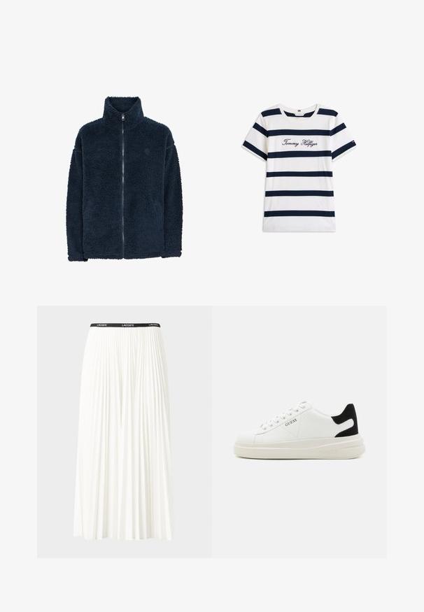 Navy blue fleece jacket with a high collar, long sleeves, and a full front zipper; soft texture and subtle logo on the chest.; Cotton T-shirt with horizontal navy stripes on a white background. "Tommy Hilfiger" embroidered in cursive on the chest. Crew neckline.; Pleated white skirt with a black elastic waistband featuring the "LACOSTE" logo. Mid-length design with soft texture.; White leather sneakers with a thick white sole, black suede heel accent, and embossed logo on the side. Laced design with six eyelets.