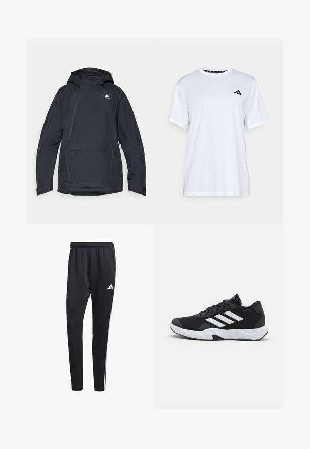 Zwarte waterdichte jas met een capuchon, halve rits aan de voorkant en een voorzak. Kenmerkt een logo op de borst en verstelbare manchetten. Gladde textuur.; Witte sport T-shirt met korte mouwen, gemaakt van vochtafvoerende stof. Heeft een zwart logo op de linkerkant van de borst en een gemusterde binnenhals.; Zwarte sportbroek met een rekbare tailleband, witte zijkanten en een klein wit logo op de dij. Gemaakt van een soepele, lichte stof.; Zwarte sportieve schoenen met een geperforeerde mesh bovenkant, witte accentstrepen, een gevoerde zool en een versterkte hiel voor extra ondersteuning.