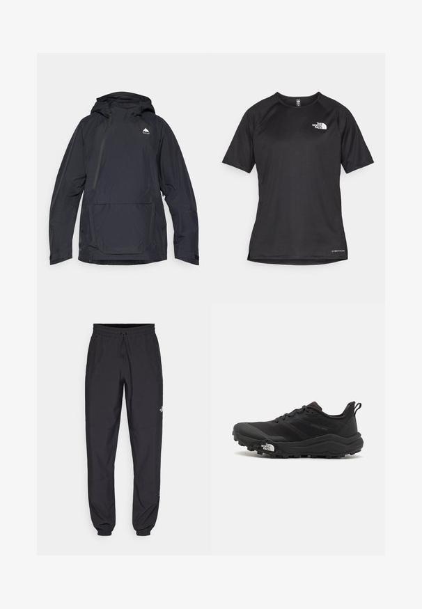 Giacca nera impermeabile con cappuccio, apertura frontale a metà zip e tasca frontale. Presenta un logo sul petto e polsini regolabili. Texture liscia.; Maglietta sportiva nera a maniche corte con tessuto testurizzato, caratterizzata da un logo bianco sul lato sinistro del petto e orlo dritto.; Pantaloni sportivi neri realizzati in tessuto leggero, con vita regolabile con cordino, tasche laterali e orli affusolati alle caviglie.; Scarpa da trail running nera con tomaia texture, suola in gomma e punta rinforzata. Presenta un collare imbottito e un tassello per un indossamento facile.