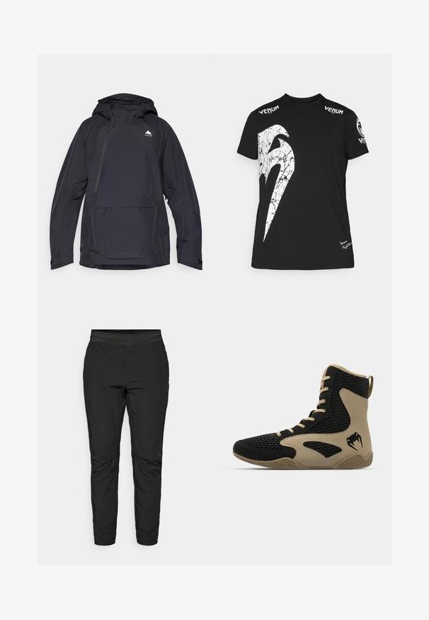 Črna vodoodporna jakna s kapuco, pol-zadrgo spredaj in sprednjim žepom. Ima logo na prsih in nastavljive manšete. Gladka tekstura.; Črna bombažna majica s kratkimi rokavi, ki na sprednji strani vsebuje veliko belo razpokana grafiko, Venum logotip na ramenih in majhen logotip na robu.; Črne elastične hlače s prilegajočim dizajnom, elastičnim pasom in žepi na zadrgo. Gladka struktura z rahlo sijajnim zaključkom.; Športni čevlji z visokim zgornjim delom z črnim mrežastim zunanjim materialom in bež poudarki. Teksturiran gumijast podplat in podrobnost logotipa na strani.