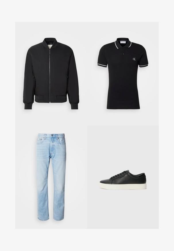 Black bomber jacket with a zippered front, ribbed collar and cuffs, and side pockets; made from smooth, lightweight fabric.; Black polo shirt made of cotton, featuring a slight stretch, with a white collar and sleeve trim, and a small logo on the chest.; Light blue denim jeans with a straight leg cut, featuring faded sections, five-pocket design, and a classic button fly.; Black leather sneakers with perforated texture, round toe, and flat white rubber sole. Features black laces and a subtle logo on the side.