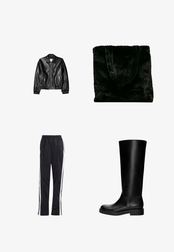Černá kožená bunda s předním zipem, špičatým límcem a elastickými manžetami. Obsahuje dvě boční kapsy a hladký, lesklý povrch.; Bílý žebrovaný top na ramínka s kulatým výstřihem a širokými ramínky. Měkká textilie a prošívané lemy. Jednoduchý, přiléhavý design.; Černé sportovní kalhoty s bílými pruhy po stranách, elastickým pasem a logem. Vyrobeny z hladkého, lehkého materiálu. Rovný střih nohou.; Černá kožená vysoká bota s hladkým povrchem, zaoblenou špičkou, decentním designem a nízkým blokovým podpatkem. Žádné viditelné kovové prvky ani vzory.; Černá taška z umělé kožešiny s měkkou texturou. Obsahuje dva pevné uši a otevřený vršek, vhodná pro různé použití.
