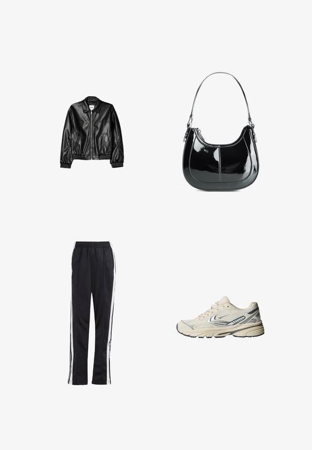 Svart läderjacka med dragkedja framtill, spetsig krage och elastiska ärmslut. Har två sidofickor och en slät, glänsande finish.; Vitt ribbat linne med rundad halsringning och breda axelband. Mjuk tygstruktur och sydda fållar. Enkelt, figursytt mönster.; Svarta träningbyxor med vita sidostripes, elastisk midja och en logopatch. Tillverkade av ett smidigt, lätt tyg. Rakt ben-design.; Kremfärgad sportskor med meshtyg överdel, silverdetaljer och en strukturerad gummisula. Designad för komfort och stabilitet.; Svart lackläderhandväska med en böjd design, dragkedjestängning och ett enda axelband med detaljer i silverfärgade metall och sömnadsaccenter.
