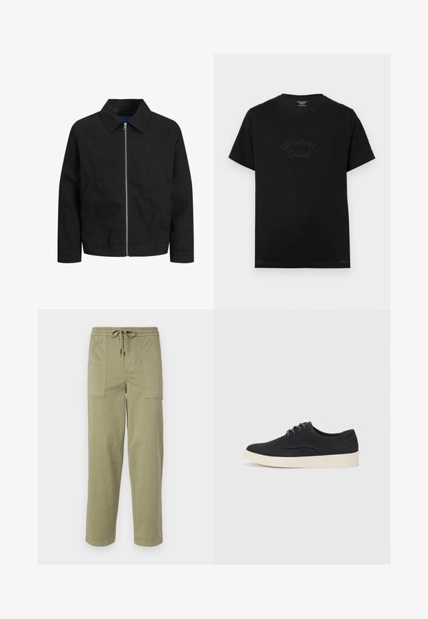 Čierna bunda vyrobená z ľahkej tkaniny, s golierom, predným zipsom a dvoma bočnými vreckami. Jednoduchý dizajn s rovný strihom.; Čierne bavlnené tričko s krátkymi rukávmi a okrúhlym výstrihom. Na prednej strane sa nachádza embosovaný nápis "ORIGINALS Studio" v tónovaných písmenách.; Svetlo olivové nohavice vyrobené z zmesi bavlny, s elastickým pásom na šnúrku a dvoma veľkými bočnými vreckami.; Čierne semišové šnurovacie topánky s okrúhlou špičkou, ľahkou krémovou podrážkou a jemnými modrými švy na vrchu.