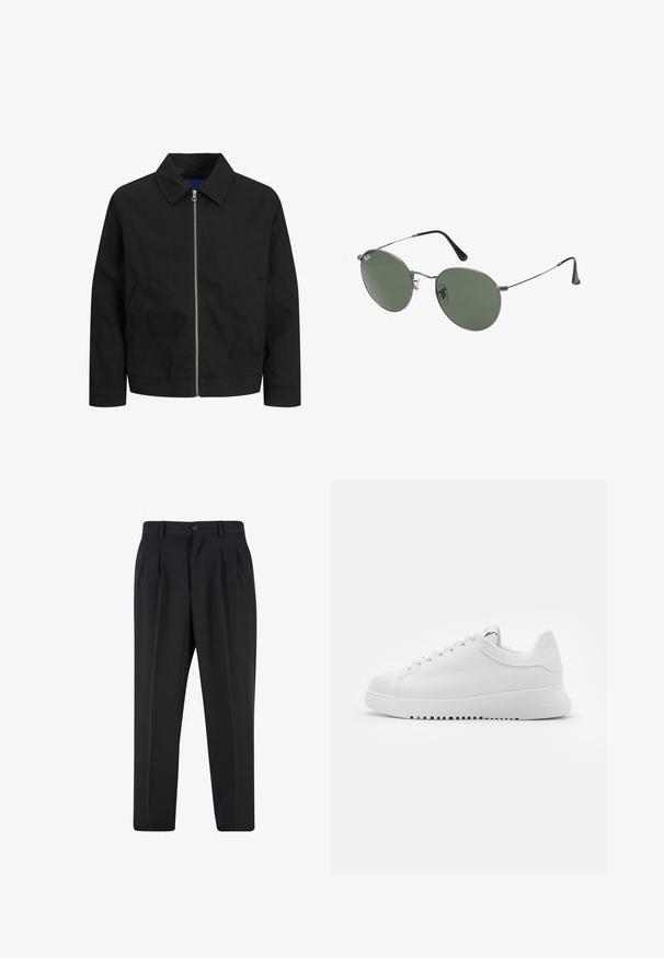 Veste noire en tissu léger, dotée d'un col, d'une fermeture éclair frontale et de deux poches latérales. Design simple avec une coupe droite.; T-shirt en coton blanc avec des manches courtes, un col rond, une coupe décontractée et sans logos ni motifs visibles. Texture lisse et design minimaliste.; Pantalons noirs avec un design de devant plissé, fabriqués à partir d'un tissu lisse. Comprend une fermeture par bouton et des passants de ceinture ; coupe droite.; Baskets en cuir blanc avec un système de laçage, surface texturée et une épaisse semelle en caoutchouc blanc présentant un bord cranté pour une meilleure adhérence.; Lunettes de soleil en métal avec des verres ovales verts. Monture en métal argenté mince et embouts d'oreille noirs. Design minimaliste, sans logos visibles.