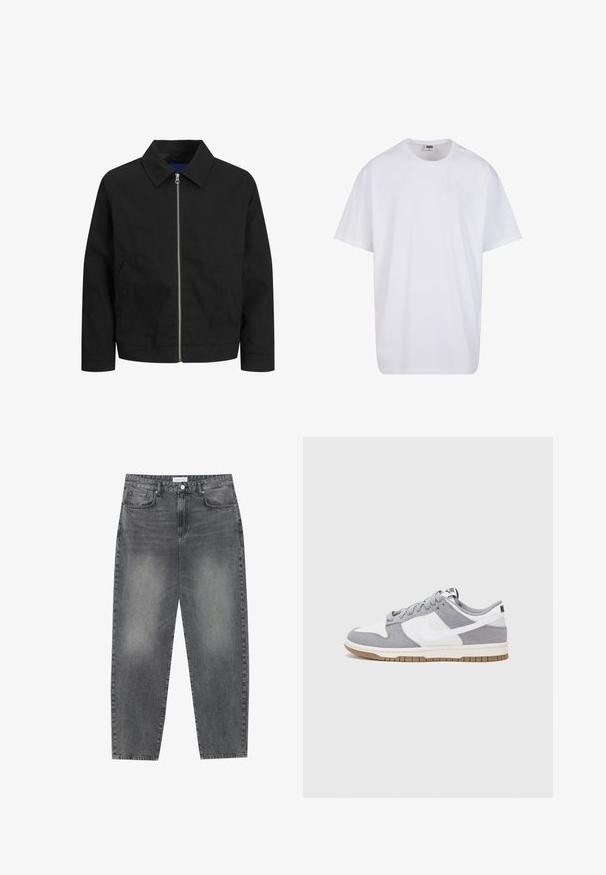 Črna jakna iz lahkotnega materiala, z ovratnikom, sprednjim zadrgo in dvema stranskima žepekoma. Preprost dizajn s ravnim krojem.; Bela bombažna majica s kratkimi rokavi, okroglim izrezom, sproščenim krojem in brez vidnih logotipov ali vzorcev. Gladka tekstura in minimalen dizajn.; Visoko pasovi, široke kavbojke iz obledelog črnega denima. Imajo pet žepov, zanke za pas in čisto, ravno obliko nog. ; Sive in bele teniske s suknim in usnjem zgornjim delom, zaobljenim nosom, ravnimi vezalkami in gumijastim podplatom z dodatkom gumijaste barve.