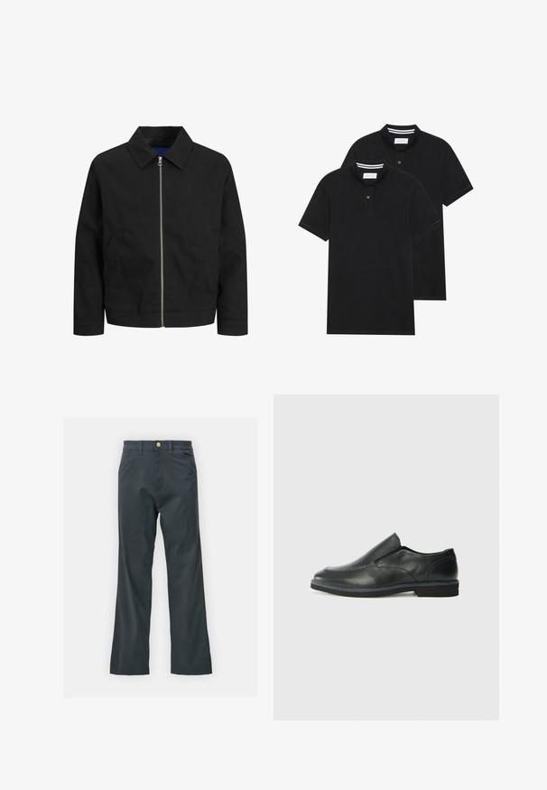 Zwarte jas van lichtgewicht stof, met een kraag, een ritssluiting aan de voorkant en twee zijzakken. Eenvoudig ontwerp met een rechte snit.; Twee zwarte polo shirts, met korte mouwen, van katoen, met een klassieke kraag, een knoopsluiting met twee knopen en witte gestreepte accenten aan de binnenkant van de kraag.; Zwarte broek met een rechte pijp, gemaakt van een katoenmix. Voorzien van een metalen knoopsluiting en zijzakken. Geen zichtbare patronen.; Zwarte leren instapper met een soepele bovenkant, gestikte accenten, ronde neus en een lage rubberen hak. De zool heeft minimale profiel.