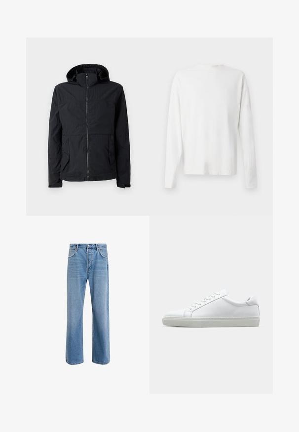 Črna lahka jakna s kapuco, zadrgo, dvema sprednjima žepoma in teksturirano tkanino. Opremljena je s pravim krojem in minimalističnim dizajnom.; Bela bombažna srajca z dolgimi rokavi in okroglo ovratnikom, z bočnimi razporki na dnu in gladko teksturo, prikazana s hrbtne strani.; Svetlo modre denim kavbojke s ravno nogavico, petimi žepi, z gumbom za zapiranje, minimalnim zbledelostjo in kontrastnimi šivi.; Bela športna obutev z gladkim usnjenim zgornjim delom in nizkim profilom. Ima zaokrožen nos, šest lukenj za vezalke in teksturiran gumijast podplat.