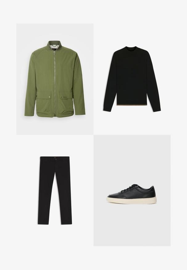 Olive green lightweight jacket with a zipper front, ribbed collar, two front pockets, and subtle branding on the left pocket.; Black knit sweater with long sleeves and a high neck. Features a gold accent at the hem. Smooth texture and fitted design.; Black trousers made of fabric with a smooth texture. Features a button closure, belt loops, and side pockets. Standard straight-leg design.; Black low-top leather sneaker with black laces and off-white sole shown in side profile on white background.