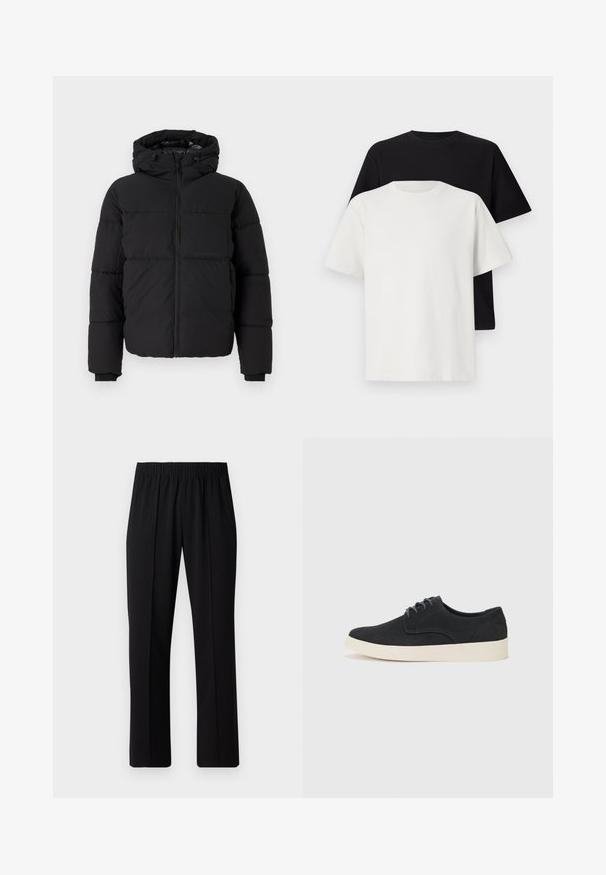 Fekete párnázott dzseki kapucnival, elülső cipzárral és rugalmas mandzsettával. Jellemzője a vízszintes steppelt mintázat és egyetlen mellzseb.; Pamut póló szett, amely egy fekete és egy fehér pólót tartalmaz, mindkettő rövid ujjú, környakú és normál fazonú. Texturált anyag.; Fekete, gumíros derekú nadrág egyenes szabással, sima felülettel, látható minták vagy fémrészek nélkül.; Fekete velúr fűzős cipő lekerekített orral, könnyű krém színű talppal és finom kék varrásokkal a felsőrészen.