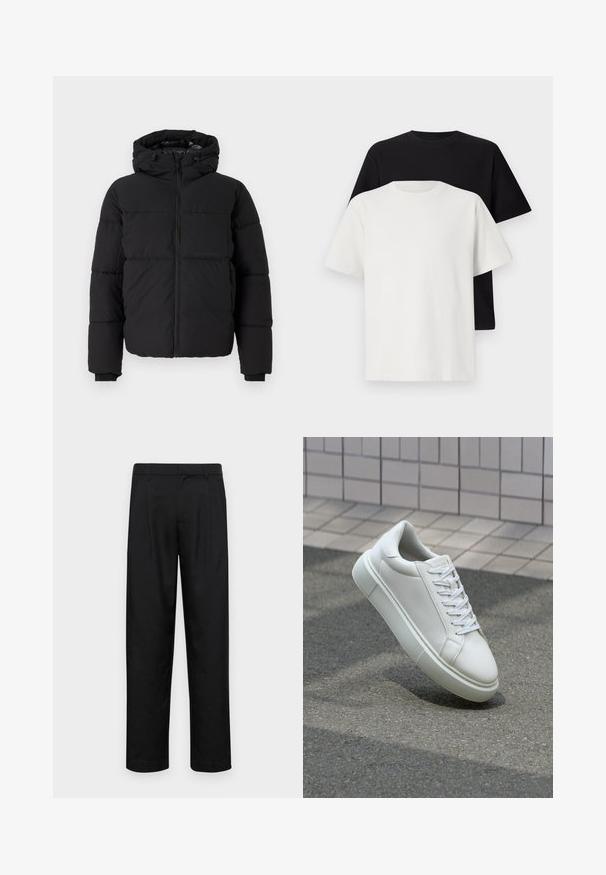 Svart vadderad jacka med huva, frontdragkedja och elastiska ärmstoppar. Har en horisontell kviltad design och ett enstaka bröstfack.; Set med bomullströjor som inkluderar en svart och en vit topp, båda med korta ärmar, rund halsringning och standard passform. Strukturerad tyg.; Svarta byxor i slät väv, med rak ben-design, två framfickor och standardmidja med bälteshällor.; Vit lädersneaker med en slät yta, rund tå och platta vita snören. Har en texturerad gummisula och minimalistiska designelement.