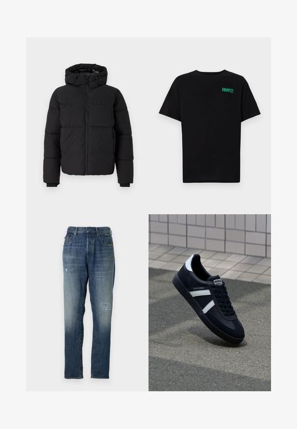 Black padded jacket with a hood, front zipper, and elastic cuffs. Features horizontal quilted design and a single chest pocket.; Black t-shirt made of cotton with short sleeves. Features a green "ROOTS" logo on the front, round neckline, and standard fit.; Denim jeans featuring a faded blue color, a straight leg design, moderate distressing on the front, and a classic five-pocket style.; Black leather sneaker with white stripes, textured rubber sole, and lace-up front. Features a branded label on the tongue.