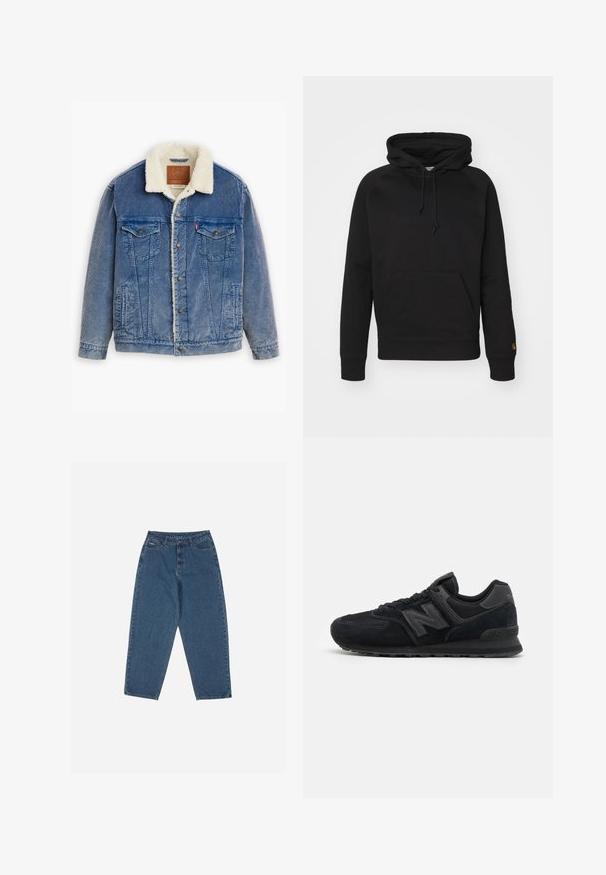 Denim jaka ar gaiši zilu krāsu, vilnas apkakli, divām krūšu kabatām un pogu aizdari. Tekstūrēta auduma ar vertikālām šuvēm.; Melnā kapucīne no mīksta auduma, ar priekšējo kabatu, regulējamu auklu un ribotām piedurknēm. Gluda tekstūra ar minimālu noformējumu.; Zilā džinsu auduma bikses ar brīvu piegriezumu, augstu jostasvietu, piecu kabatu dizainu un šuvju akcentiem. Iekļauts pogu un rāvējslēdzēja aizdare.; Melnas zamšādas un acs sporta kurpes ar teksturētu virsu, mīkstu apkārtni, plakaniem šņorēm un pelēku logotipa akcentu sānos.