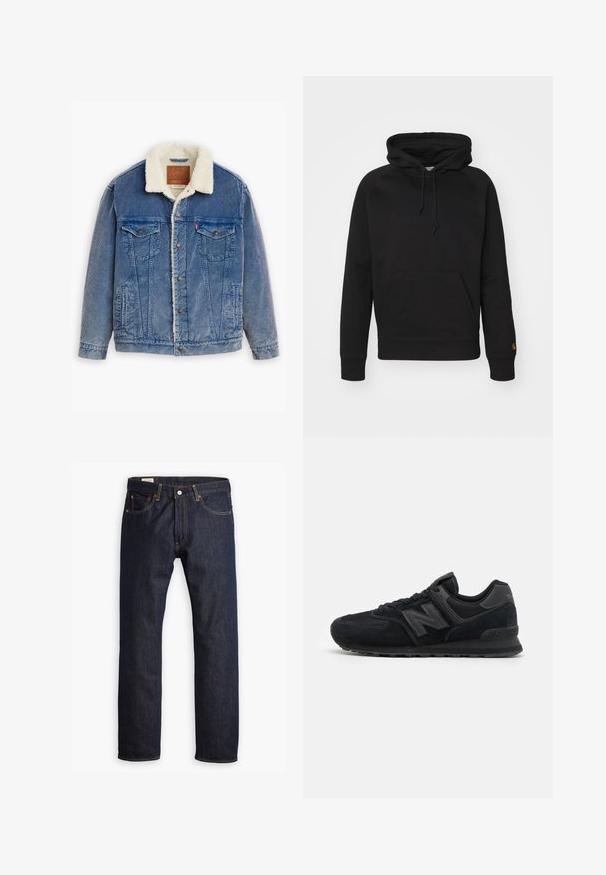 Τζάκετ από τζιν σε ανοιχτό μπλε χρώμα, με κολάρο από γούνα, δύο τσέπες στο στήθος και κλείσιμο με κουμπιά. Υφασμάτινη επιφάνεια με κατακόρυφες ραφές.; Μαύρο φούτερ από μαλακό ύφασμα, με μπροστινή τσέπη, ρυθμιζόμενο κορδόνι και ριμπ μανσέτες. Λείο υλικό με ελάχιστες λεπτομέρειες.; Σκούρο μπλε τζιν παντελόνι με ίσια γραμμή, πορτοκαλί ραφές και στυλ πέντε τσεπών με κλείσιμο από μεταλλικό κουμπί.; Μαύρα σουέτ και πλεκτά αθλητικά παπούτσια με υφή στην επάνω πλευρά, επενδεδυμένος γιακά, ίσια κορδόνια και γκρι λογότυπο στο πλάι.