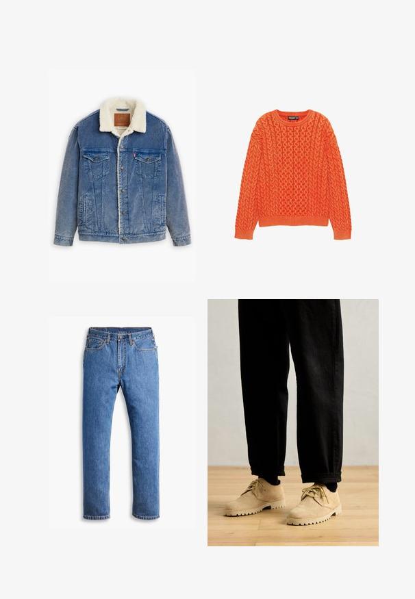 Denimjacke in hellblauer Farbe mit Schafslederkragen, zwei Brusttaschen und Knopfverschluss. Texturiertem Stoff mit vertikalen Nähten.; Oranger gestrickter Pullover mit einem strukturierten Zopfmuster, runden Ausschnitt und gerippten Bündchen und Saum. Hergestellt aus weichem, warmem Stoff.; Blaue Jeans aus Denim mit geradem Schnitt, mit fünf Taschen, einem Knopfverschluss und orangefarbenen Nähten auf einem klaren weißen Hintergrund.; Clarks Originals DESERT ROCK LO - Sportlicher Schnürer - maple