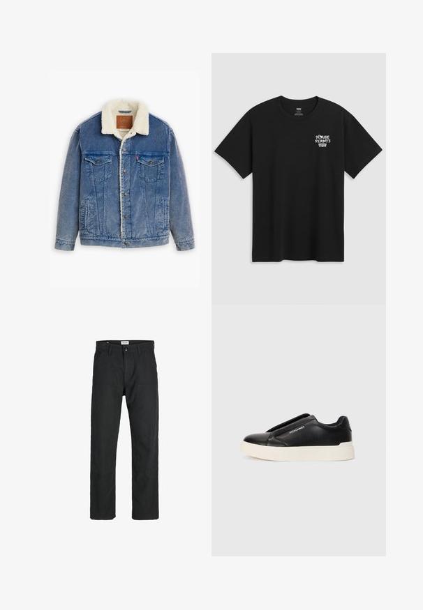 Farmerdzseki, világoskék színben, szőrme gallérral, két zsebből álló mellrésszel és gombos záródással. Textúrált anyag, függőleges varrásokkal.; Fekete pamut póló, melynek mellkasi nyomata "HOUSE PLANTS" felirattal fehér stilizált betűkkel, alatta a "Levi's" felirattal. Klasszikus kerek nyakú.; Fekete nadrág tartós anyagból, egyenes szárú kialakítással, varrott díszítésekkel és két elülső zsebbel a funkciók érdekében.; Fekete slip-on sneaker, textúrált bőrfelsővel, fehér gumitalppal és láthatatlan fűzőkkel. Az oldalon a márka logója található.
