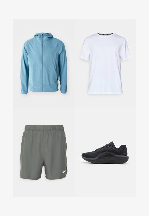 Vaaleansininen Nike-takki, täysipitkä vetoketju, säädettävä huppu, elastiset hihansuut, kaksi sivutaskua, sileä kangas, jossa on vähäinen brändäys.; Valkoinen lyhythihainen t-paita, joka on valmistettu sileästä kankaasta. Takana pieni vaaleansininen logo rinnassa ja musta niskalappu, jossa on teksti "NIKE RUNNING."; Nike uimar Shorts tummassa vihreässä. Valmistettu kevyestä materiaalista ja siinä on joustava vyötärö, jossa on valkoinen logo alhaalla oikealla puolella.; Musta urheilukenkä, jossa on hengittävä verkko-osa, tekstuuriset yksityiskohdat, pehmeä pohja ja heijastavat yksityiskohdat. Sivunäkymä osoittaa virtaviivaista muotoilua.