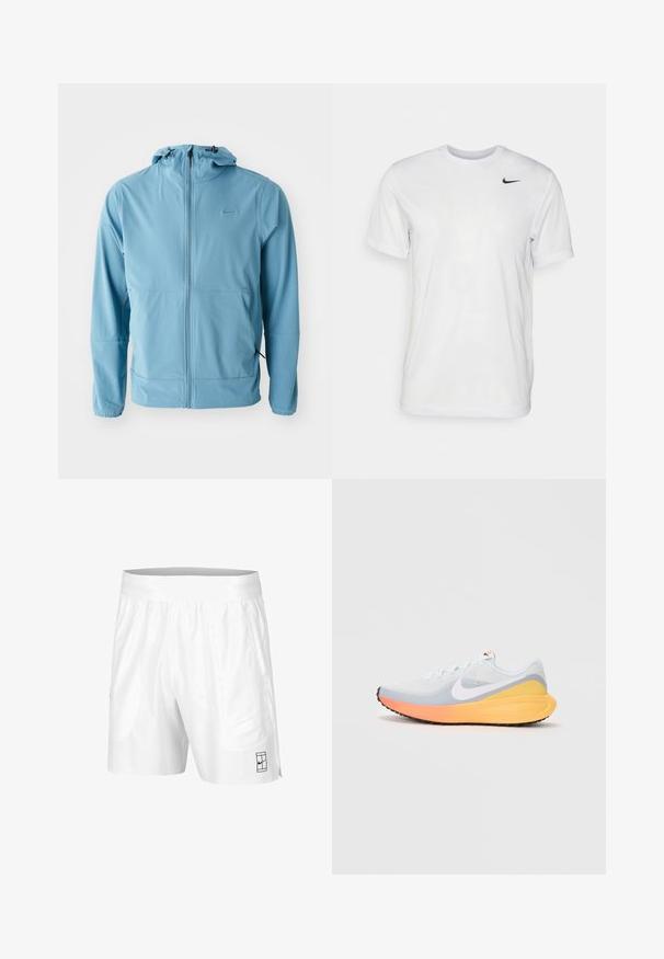 Világoskék Nike dzseki, teljes cipzáros kialakítás, állítható kapucni, rugalmas mandzsetták, két oldalsó zseb, sima anyag minimális márkázási részletekkel.; Fehér, rövid ujjú póló, sima anyagból készült. Kerek nyakkivágással és egy kis fekete Nike logóval rendelkezik a bal mellen.; Fehér sportnadrág rugalmas derékkal, két oldalsó zsebbel és egy kis fekete logó részlettel az alsó elején. Sima textúra.; világoskék futócipő, légáteresztő hálós felsőrésszel. Fehér pipa, narancssárga és sárga középtalp, és fekete talp a tapadásért.