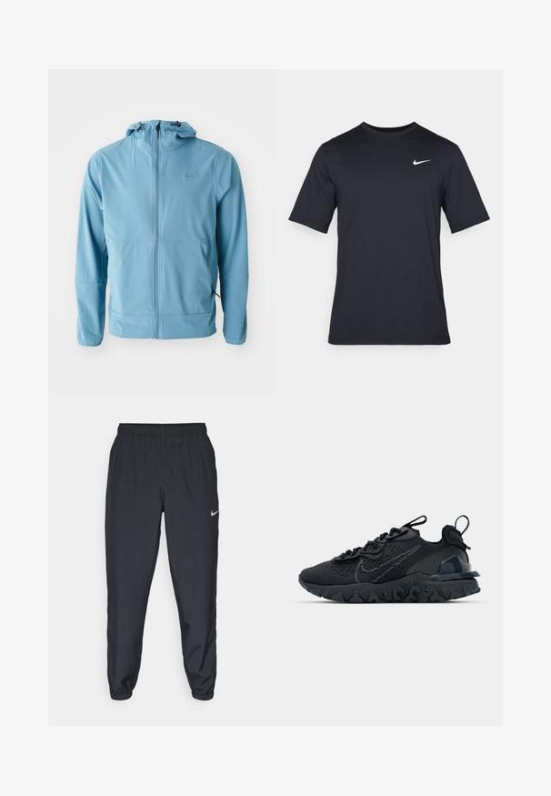 Jasnoniebieska kurtka Nike, z pełnym zamkiem błyskawicznym, regulowanym kapturem, elastycznymi mankietami, dwiema bocznymi kieszeniami, gładki materiał z minimalnymi detalami brandingowymi.; Czarna koszulka Nike z krótkim rękawem wykonana z gładkiego materiału, z białym logo swoosh na górnej lewej stronie, okrągły dekolt.; Czarne spodnie dresowe wykonane z lekkiego materiału, z elastycznym paskiem w talii, ściągaczami na kostkach oraz dyskretnym logo Nike po lewej stronie.; Czarne sportowe buty z przewiewną siateczką na cholewce, teksturowanymi akcentami i falistą gumową podeszwą. Zawierają odblaskowe logo oraz system sznurowania.