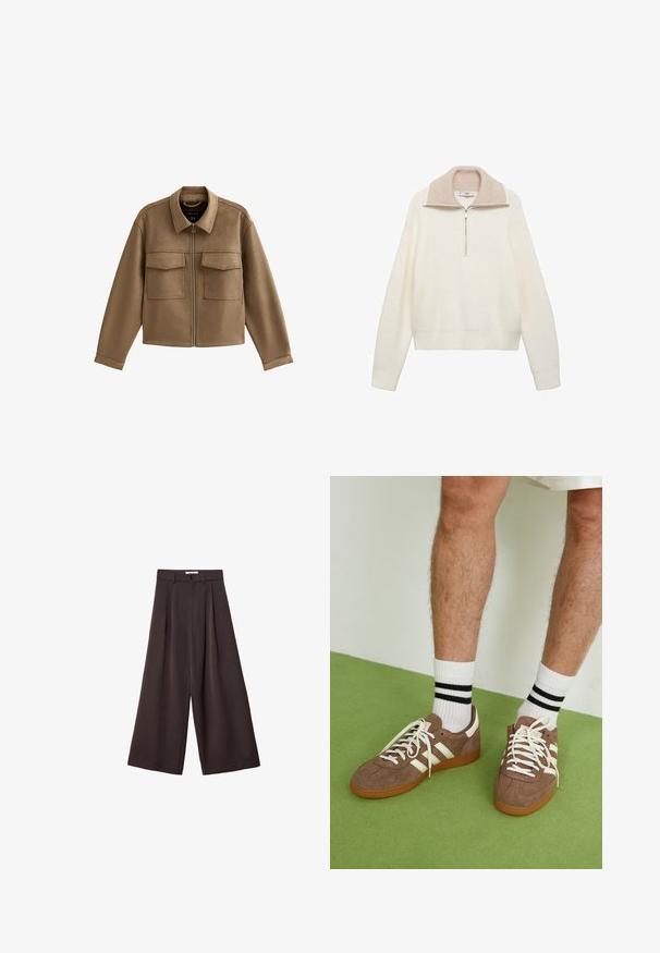Brązowa zamszowa kurtka z kołnierzem, przednim zamkiem błyskawicznym i dwiema kieszeniami na piersi. Posiada luźny krój i długie rękawy, co nadaje jej swobodny wygląd.; Kremowy pulower o ryflowanej fakturze, z suwakiem do połowy, kontrastującą beżową kołnierzykiem. Długie rękawy i elastyczny dół.; Czarne spodnie z szerokimi nogawkami i wysokim stanem, z plisami z przodu oraz zapięciem na guzik w talii, wykonane z gładkiego materiału.; Brązowe zamszowe sneakersy z białymi akcentami i sznurówkami. Gumowa, brązowa podeszwa. Noszone z białymi skarpetkami w czarne paski. Zielona teksturowana podłoga.