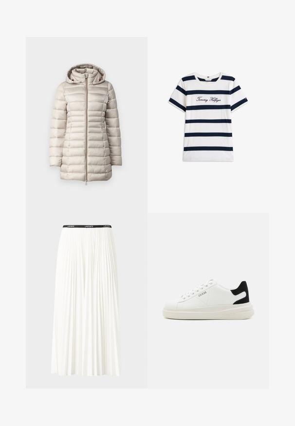 Giacca puffer beige chiaro con zip frontale, design trapuntato testurizzato, cappuccio integrato e dettagli arancioni sul cordino.; T-shirt in cotone con righe orizzontali blu navy su sfondo bianco. "Tommy Hilfiger" ricamato in corsivo sul petto. Collo a giro.; Gonna bianca plissettata con elastico nero in vita che presenta il logo "LACOSTE". Design di lunghezza media con texture morbida.; Sneaker bianchi in pelle con suola spessa bianca, accento in suede nero sul tallone e logo impresso sul lato. Design con lacci e sei fori per i lacci.