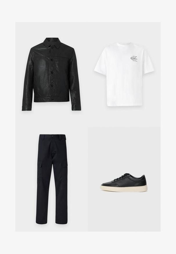 Mustan nahkajacket, millel on nööbid eest, terav krae, kaks küljetaskut ja struktureeritud disain. Sile tekstuur nähtavate õmblustega.; Valge puuvillane T-särk lühikeste varrukatega, ümmarguse kaelusega, mille vasakul rinnal on must CK logo, tavaprofiil, sile tekstuur.; Mustad mustad püksid, mis on valmistatud tugevast materjalist, sirge lõikega, kaht küljetaskut ja nööbiga sulgemist vöökoha juures.; Mustad musta nahast madal sneaker mustade nööpidega ja kreemivalge tallaga, nähtud külgprofiilis valge tausta ees.