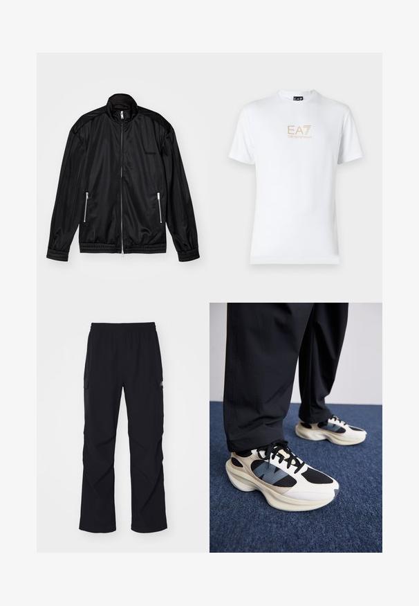Svart jacka med dragkedja framtill i lättvikts, glänsande tyg. Har två dragkedjefickor, en hög krage och elastiska cuffs och nederkant.; Vit bomull t-shirt med rund halsringning och korta ärmar, med en guld EA7 Emporio Armani-logotyp tryckt på framsidan.; Svarta cargobyxor i lätt material, med elastisk midja, sidofickor och rak bendesign.; Vita och svarta sneakers med texturerade överdrag och en blå accent, med en tjock sula och svarta snören, parat med svarta byxor.